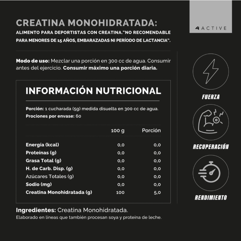 4Active Creatina Monohidratada 100% Pura 300 g | 60 Servicios · 5g por Toma - Imagen 2